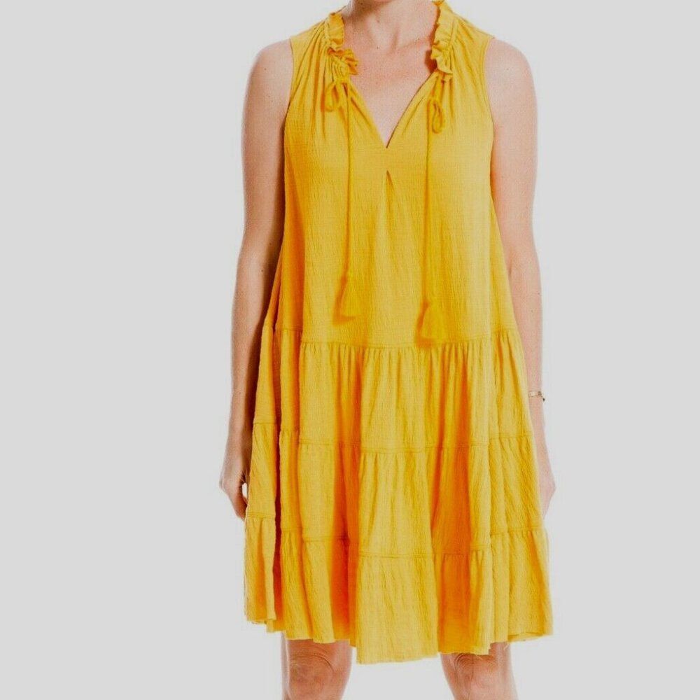 Max Studio Yellow Texture Knit Tiered Tassel Tunic Sleeveless Shift sun Dress S